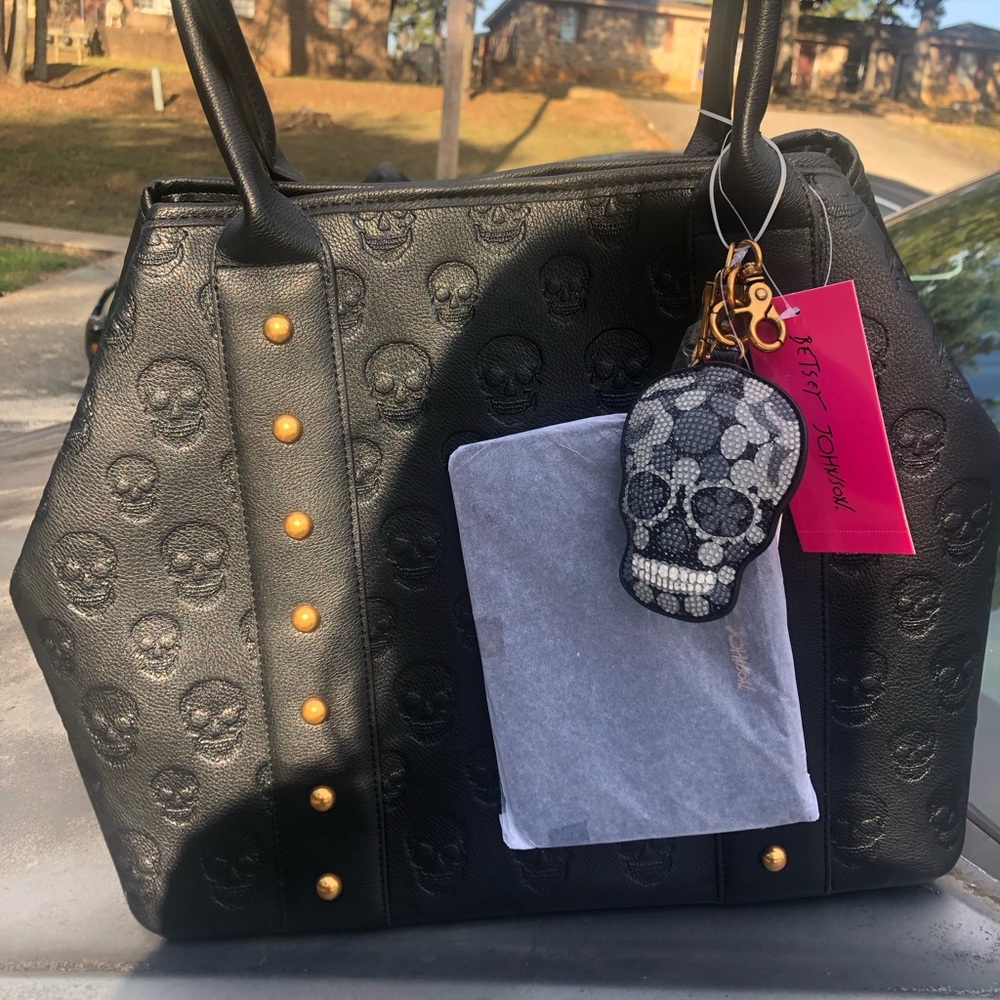 Betsey Johnson Black Skull Embossed Tote with Gold Studs bling skull purse charm